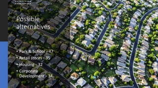 Possible
alternatives
• Park & School - 47
• Retail stores - 35
• Housing - 32
• Corporate
Development - 34
 