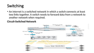 Switching
• An internet is a switched network in which a switch connects at least
two links together. A switch needs to forward data from a network to
another network when required.
Circuit-Switched Network
 