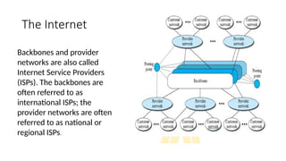 The Internet
Backbones and provider
networks are also called
Internet Service Providers
(ISPs). The backbones are
often referred to as
international ISPs; the
provider networks are often
referred to as national or
regional ISPs.
 
