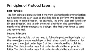 Principles of Protocol Layering
First Principle
The first principle dictates that if we want bidirectional communication,
we need to make each layer so that it is able to perform two opposite
tasks, one in each direction. For example, the third layer task is to listen
(in one direction) and talk (in the other direction). The second layer
needs to be able to encrypt and decrypt. The first layer needs to send
and receive mail.
Second Principle
The second principle that we need to follow in protocol layering is that
the two objects under each layer at both sites should be identical. For
example, the object under layer 3 at both sites should be a plaintext
letter. The object under layer 2 at both sites should be a cipher text
letter. The object under layer 1 at both sites should be a piece of mail.
 