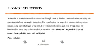 PHYSICAL STRUCTURES
A network is two or more devices connected through links. A link is a communications pathway that
transfers data from one device to another. For visualization purposes, it is simplest to imagine any
link as a line drawn between two points. For communication to occur, two devices must be
connected in some way to the same link at the same time. There are two possible types of
connections: point-to point and multipoint.
Point to Point:
 