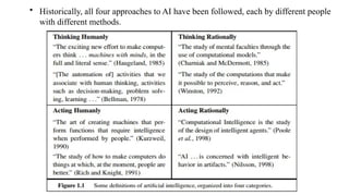• Historically, all four approaches to AI have been followed, each by different people
with different methods.
 