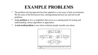 EXAMPLE PROBLEMS
• The problem-solving approach has been applied to a vast array of task environments.
We list some of the best known here, distinguishing between toy and real-world
problems.
• A toy problem in AI is a simplified ,that serves as a starting point for testing and
understanding various algorithms or approaches.
• A real-world problem is one whose solutions people actually care about.
 