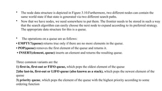• The node data structure is depicted in Figure 3.10.Furthermore, two different nodes can contain the
same world state if that state is generated via two different search paths.
• Now that we have nodes, we need somewhere to put them. The frontier needs to be stored in such a way
that the search algorithm can easily choose the next node to expand according to its preferred strategy.
The appropriate data structure for this is a queue.
• The operations on a queue are as follows:
• EMPTY?(queue) returns true only if there are no more elements in the queue.
• POP(queue) removes the first element of the queue and returns it.
• INSERT(element, queue) inserts an element and returns the resulting queue.
Three common variants are the
1) first-in, first-out or FIFO queue, which pops the oldest element of the queue
2)the last-in, first-out or LIFO queue (also known as a stack), which pops the newest element of the
queue
3) priority queue, which pops the element of the queue with the highest priority according to some
ordering function
 