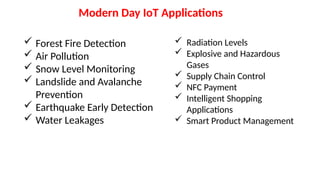 Modern Day IoT Applications
 Forest Fire Detection
 Air Pollution
 Snow Level Monitoring
 Landslide and Avalanche
Prevention
 Earthquake Early Detection
 Water Leakages
 Radiation Levels
 Explosive and Hazardous
Gases
 Supply Chain Control
 NFC Payment
 Intelligent Shopping
Applications
 Smart Product Management
 