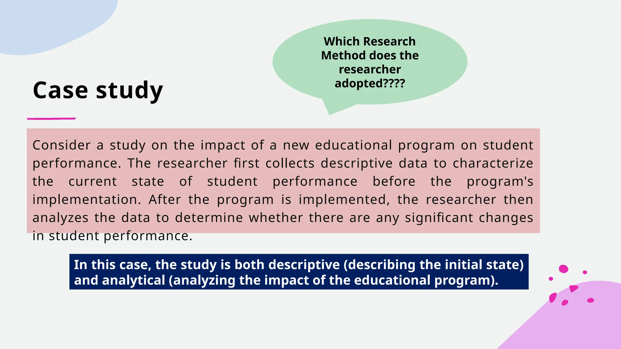 Case study
Consider a study on the impact of a new educational program on student
performance. The researcher first collects descriptive data to characterize
the current state of student performance before the program's
implementation. After the program is implemented, the researcher then
analyzes the data to determine whether there are any significant changes
in student performance.
In this case, the study is both descriptive (describing the initial state)
and analytical (analyzing the impact of the educational program).
Which Research
Method does the
researcher
adopted????
 