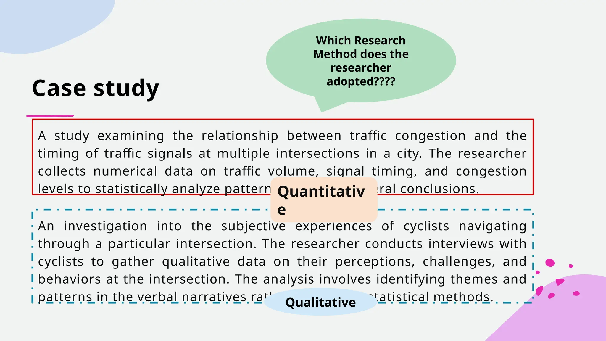 Case study
A study examining the relationship between traffic congestion and the
timing of traffic signals at multiple intersections in a city. The researcher
collects numerical data on traffic volume, signal timing, and congestion
levels to statistically analyze patterns and draw general conclusions.
Which Research
Method does the
researcher
adopted????
An investigation into the subjective experiences of cyclists navigating
through a particular intersection. The researcher conducts interviews with
cyclists to gather qualitative data on their perceptions, challenges, and
behaviors at the intersection. The analysis involves identifying themes and
patterns in the verbal narratives rather than using statistical methods.
Quantitativ
e
Qualitative
 