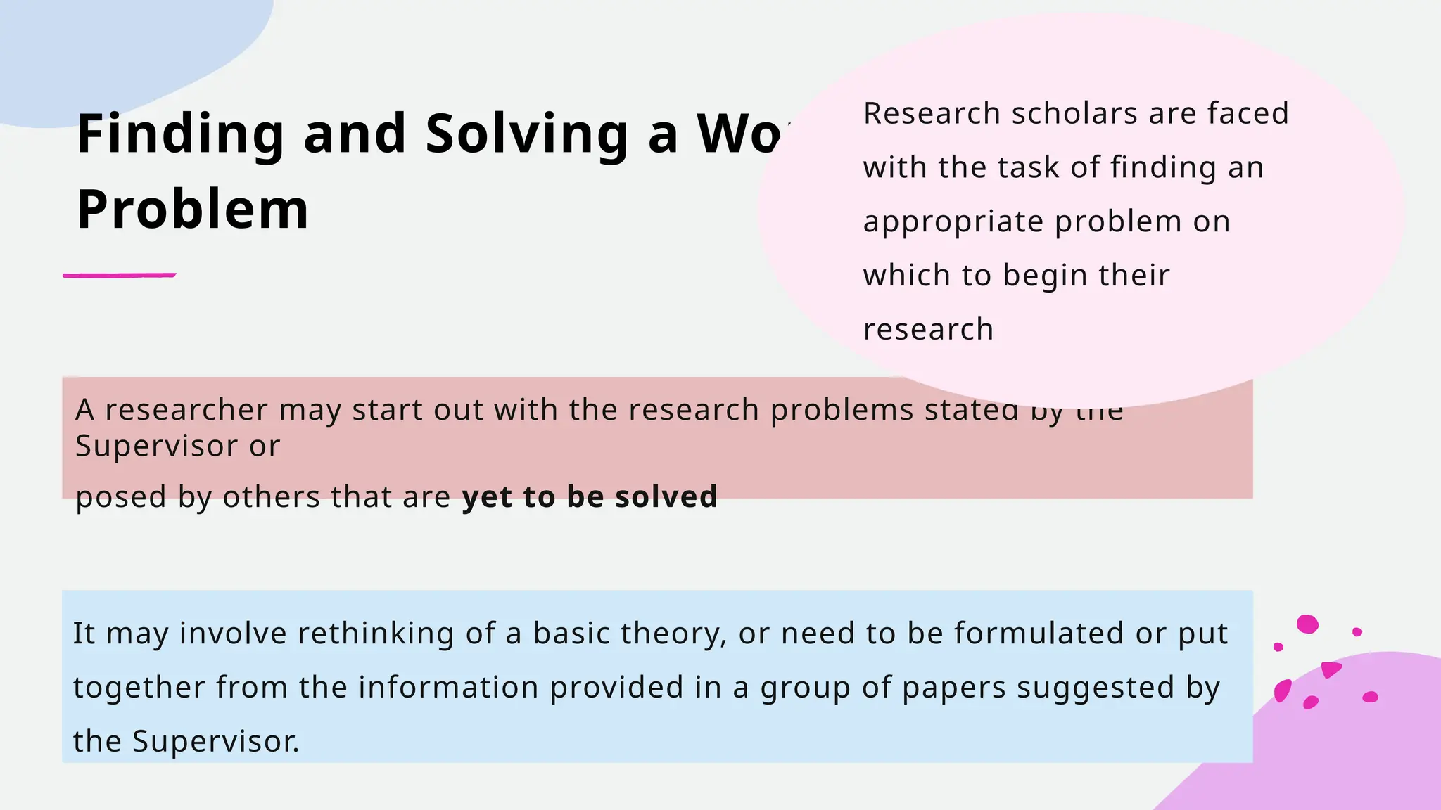 Finding and Solving a Worthwhile
Problem
A researcher may start out with the research problems stated by the
Supervisor or
posed by others that are yet to be solved
Research scholars are faced
with the task of finding an
appropriate problem on
which to begin their
research
It may involve rethinking of a basic theory, or need to be formulated or put
together from the information provided in a group of papers suggested by
the Supervisor.
 