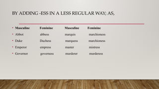 BY ADDING -ESS IN A LESS REGULAR WAY; AS,
• Masculine Feminine Masculine Feminine
• Abbot abbess marquis marchioness
• Duke Duchess marquess marchioness
• Emperor empress master mistress
• Governor governess murderer murderess
 