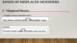 KINDS OF MISPLACED MODIFIERS
C. Misplaced Phrases
• Example 1 (a buyer with leather seats?)
 