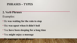 PHRASES – TYPES
2. Verb Phrases
Examples:
• He was waiting for the rain to stop
• She was upset when it didn't boil
• You have been sleeping for a long time
• You might enjoy a massage
• He was eager to eat dinner
 