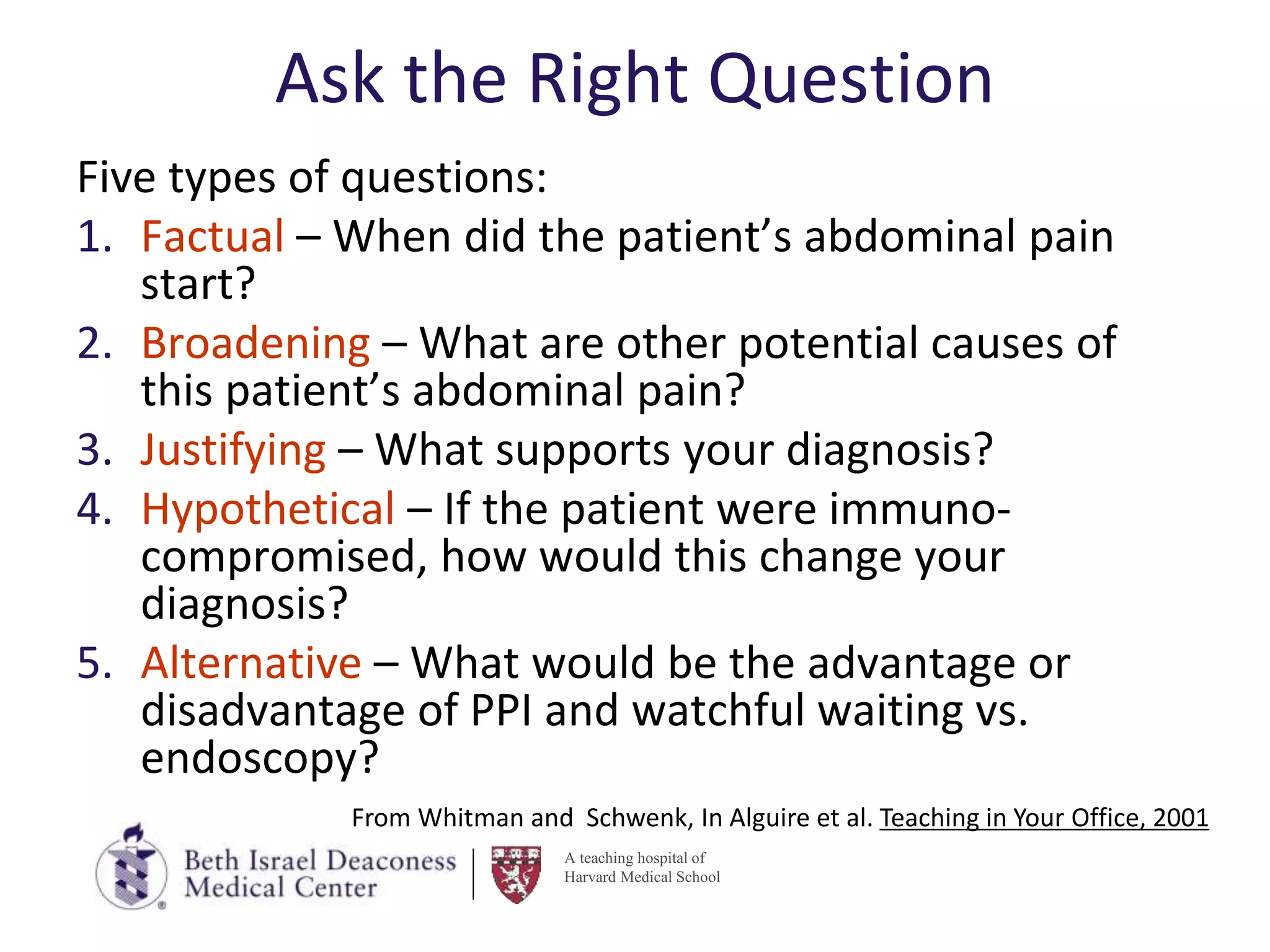 A teaching hospital of
Harvard Medical School
Ask the Right Question
Five types of questions:
1. Factual – When did the patient’s abdominal pain
start?
2. Broadening – What are other potential causes of
this patient’s abdominal pain?
3. Justifying – What supports your diagnosis?
4. Hypothetical – If the patient were immuno-
compromised, how would this change your
diagnosis?
5. Alternative – What would be the advantage or
disadvantage of PPI and watchful waiting vs.
endoscopy?
From Whitman and Schwenk, In Alguire et al. Teaching in Your Office, 2001
 