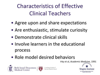 A teaching hospital of
Harvard Medical School
Characteristics of Effective
Clinical Teachers
• Agree upon and share expectations
• Are enthusiastic, stimulate curiosity
• Demonstrate clinical skills
• Involve learners in the educational
process
• Role model desired behaviors
Irby et al, Academic Medicine, 1991
 