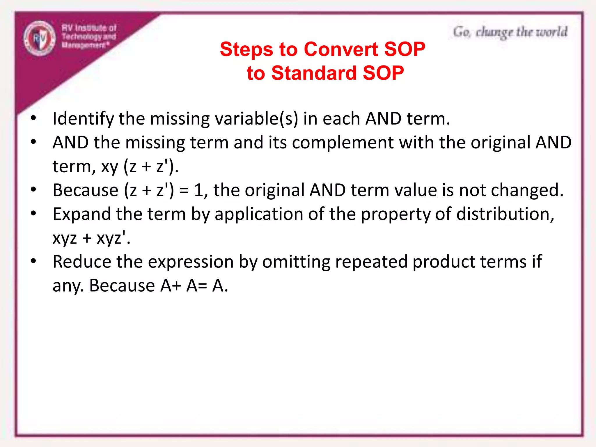 Steps to Convert SOP
to Standard SOP
• Identify the missing variable(s) in each AND term.
• AND the missing term and its complement with the original AND
term, xy (z + z').
• Because (z + z') = 1, the original AND term value is not changed.
• Expand the term by application of the property of distribution,
xyz + xyz'.
• Reduce the expression by omitting repeated product terms if
any. Because A+ A= A.
 