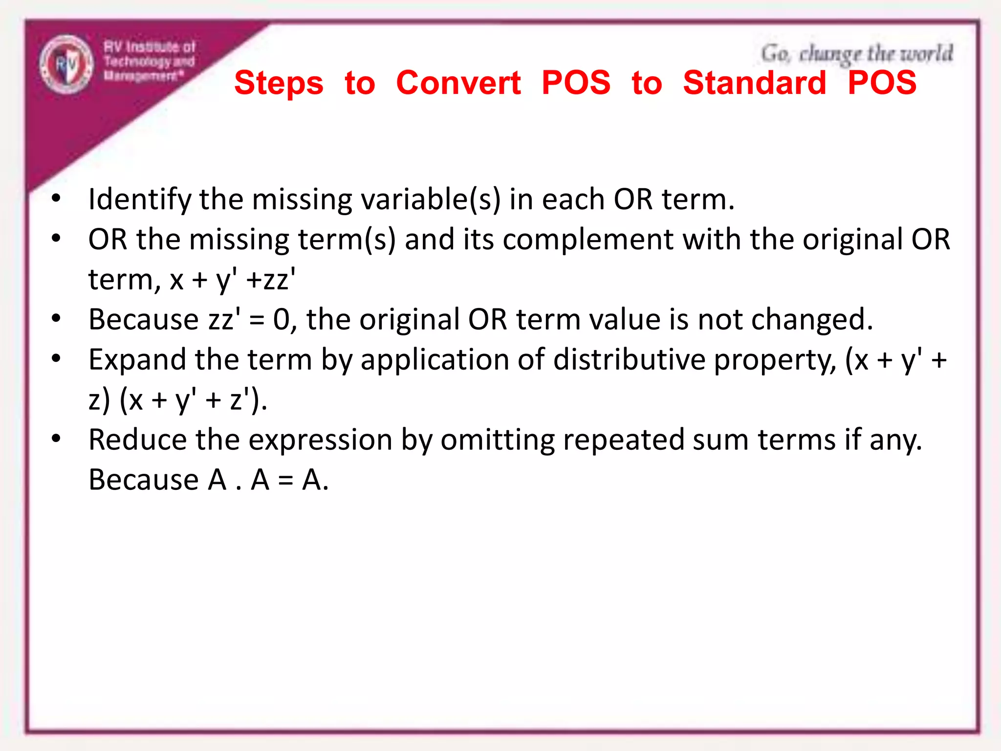 Steps to Convert POS to Standard POS
• Identify the missing variable(s) in each OR term.
• OR the missing term(s) and its complement with the original OR
term, x + y' +zz'
• Because zz' = 0, the original OR term value is not changed.
• Expand the term by application of distributive property, (x + y' +
z) (x + y' + z').
• Reduce the expression by omitting repeated sum terms if any.
Because A . A = A.
 