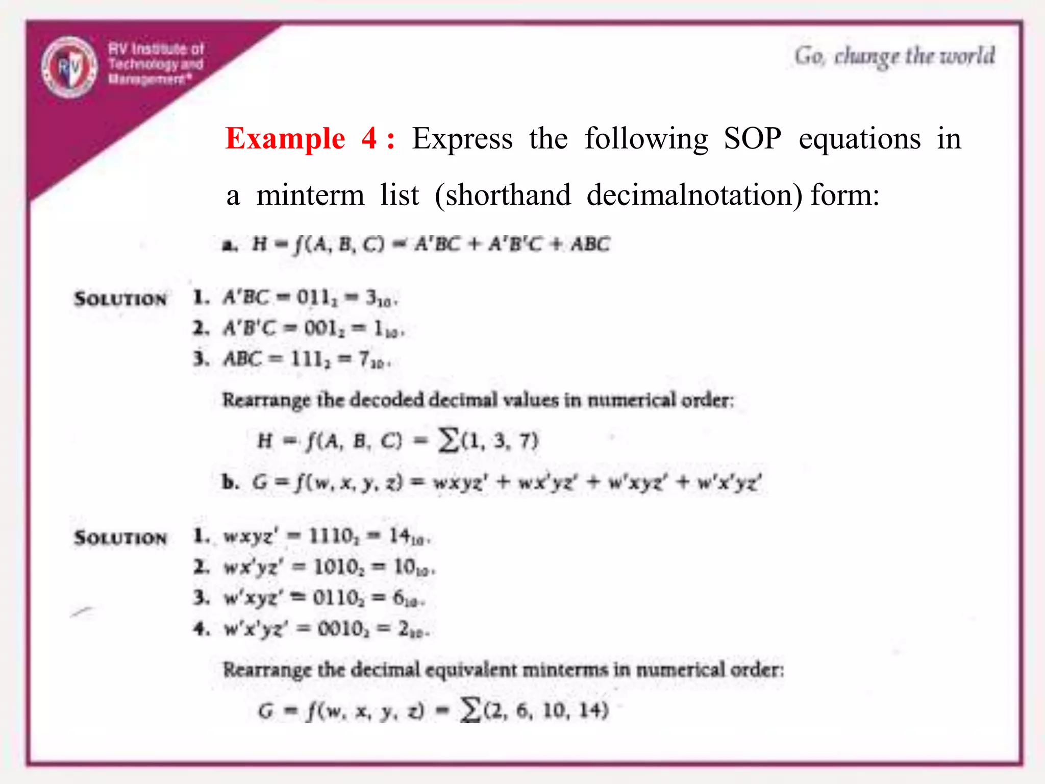 Example 4 : Express the following SOP equations in
a minterm list (shorthand decimalnotation) form:
 