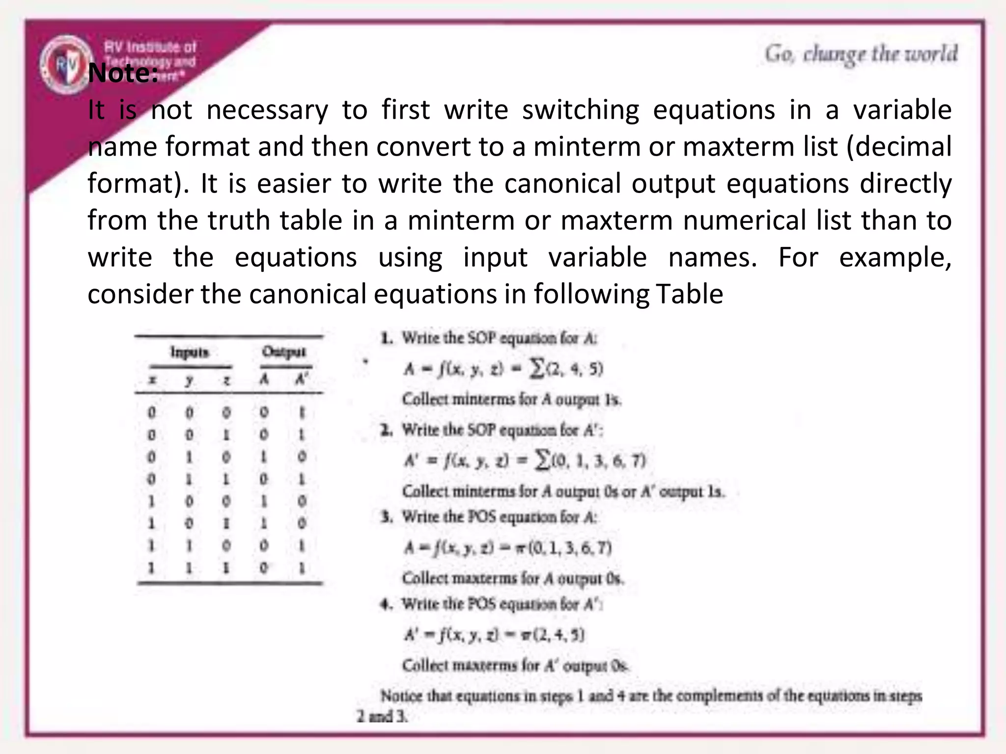 Note:
It is not necessary to first write switching equations in a variable
name format and then convert to a minterm or maxterm list (decimal
format). It is easier to write the canonical output equations directly
from the truth table in a minterm or maxterm numerical list than to
write the equations using input variable names. For example,
consider the canonical equations in following Table
 