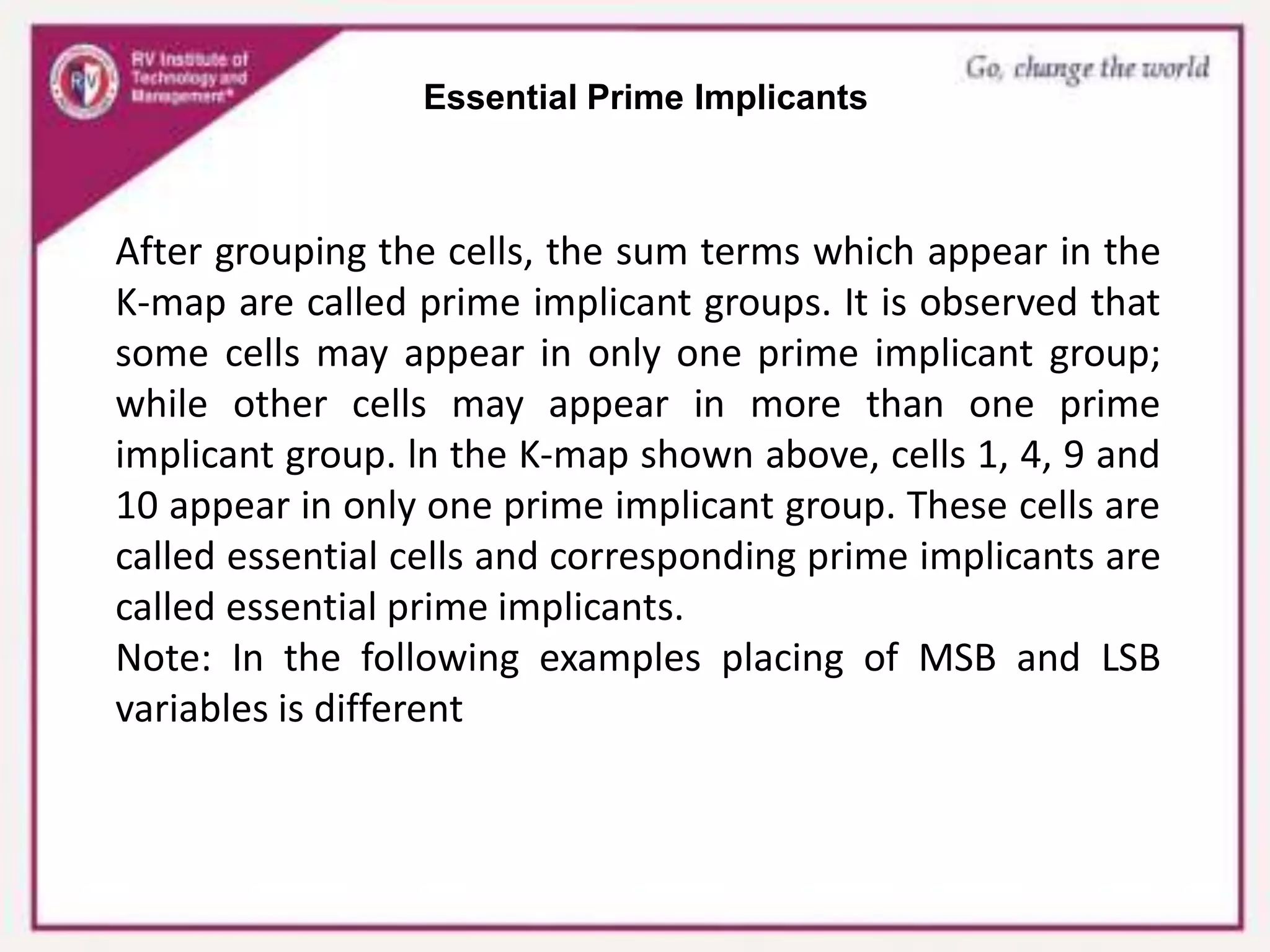 Essential Prime Implicants
After grouping the cells, the sum terms which appear in the
K-map are called prime implicant groups. It is observed that
some cells may appear in only one prime implicant group;
while other cells may appear in more than one prime
implicant group. ln the K-map shown above, cells 1, 4, 9 and
10 appear in only one prime implicant group. These cells are
called essential cells and corresponding prime implicants are
called essential prime implicants.
Note: In the following examples placing of MSB and LSB
variables is different
 