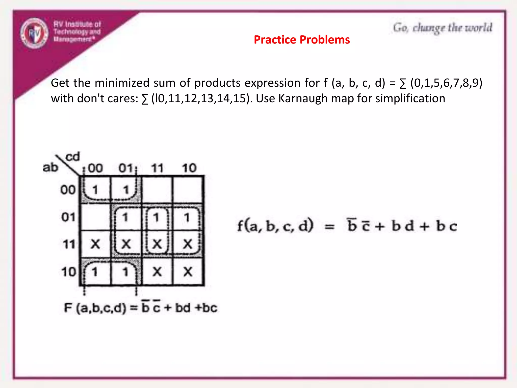 Practice Problems
Get the minimized sum of products expression for f (a, b, c, d) = ∑ (0,1,5,6,7,8,9)
with don't cares: ∑ (l0,11,12,13,14,15). Use Karnaugh map for simplification
 