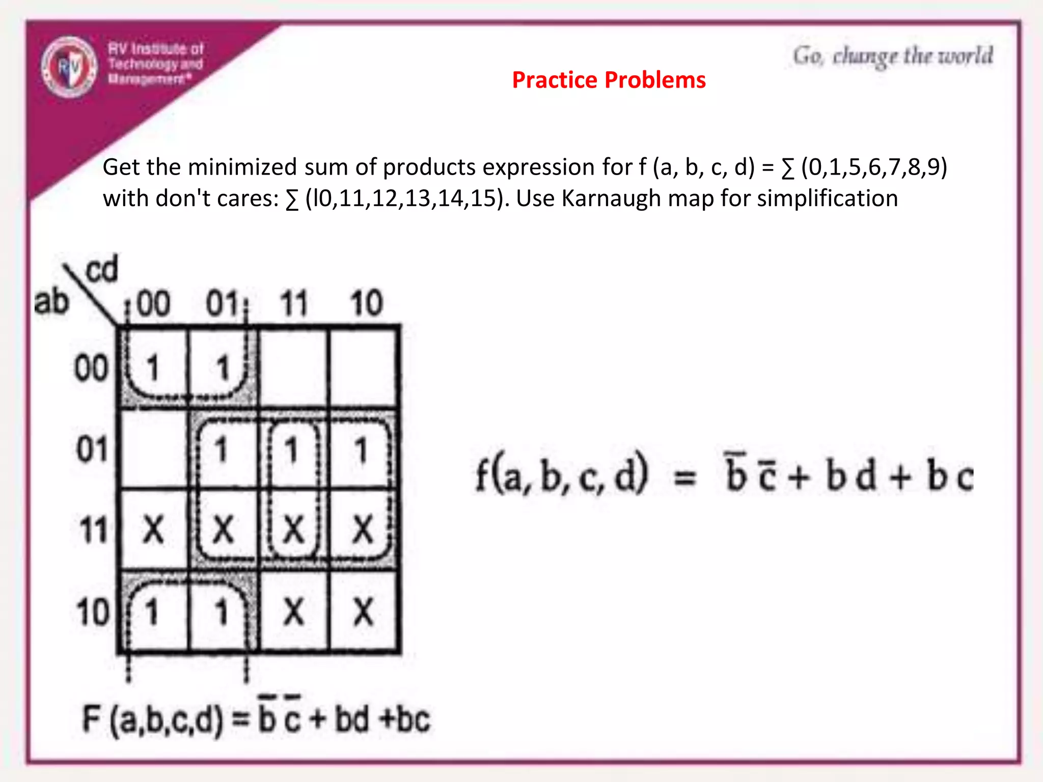 Practice Problems
Get the minimized sum of products expression for f (a, b, c, d) = ∑ (0,1,5,6,7,8,9)
with don't cares: ∑ (l0,11,12,13,14,15). Use Karnaugh map for simplification
 