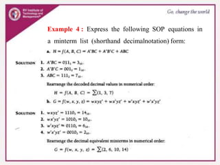 Example 4 : Express the following SOP equations in
a minterm list (shorthand decimalnotation) form:
 