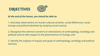 At the end of the lesson, you should be able to:
1. Articulate observations on human cultural variation, social differences, social
change and political identities by studying social science;
2. Recognize the common concerns or intersections of anthropology, sociology and
political science with respect to the phenomenon of change; and
3. Identify the subjects of inquiry and goals of anthropology, sociology and political
sciences.
OBJECTIVES
 