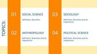 SOCIAL SCIENCE
Definition, Branches
01 03 SOCIOLOGY
Definition, Branches and its
importance
02
Definition, Branches and its
importance
04 POLITICAL SCIENCE
Definition, Branches and its
importance
ANTHROPOLOGY
TOPICS:
 