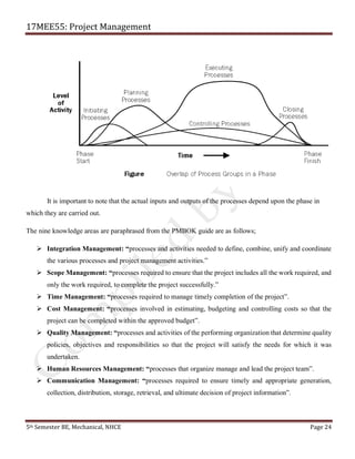 17MEE55: Project Management
5th Semester BE, Mechanical, NHCE Page 24
It is important to note that the actual inputs and outputs of the processes depend upon the phase in
which they are carried out.
The nine knowledge areas are paraphrased from the PMBOK guide are as follows;
➢ Integration Management: “processes and activities needed to define, combine, unify and coordinate
the various processes and project management activities.”
➢ Scope Management: “processes required to ensure that the project includes all the work required, and
only the work required, to complete the project successfully.”
➢ Time Management: “processes required to manage timely completion of the project”.
➢ Cost Management: “processes involved in estimating, budgeting and controlling costs so that the
project can be completed within the approved budget”.
➢ Quality Management: “processes and activities of the performing organization that determine quality
policies, objectives and responsibilities so that the project will satisfy the needs for which it was
undertaken.
➢ Human Resources Management: “processes that organize manage and lead the project team”.
➢ Communication Management: “processes required to ensure timely and appropriate generation,
collection, distribution, storage, retrieval, and ultimate decision of project information”.
 
