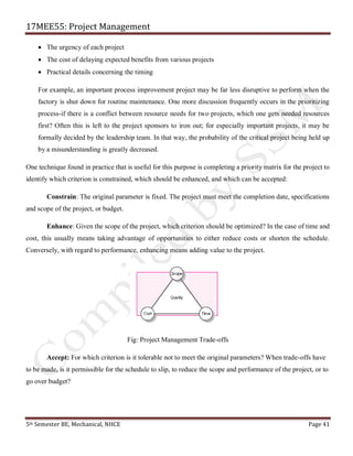17MEE55: Project Management
5th Semester BE, Mechanical, NHCE Page 41
• The urgency of each project
• The cost of delaying expected benefits from various projects
• Practical details concerning the timing
For example, an important process improvement project may be far less disruptive to perform when the
factory is shut down for routine maintenance. One more discussion frequently occurs in the prioritizing
process-if there is a conflict between resource needs for two projects, which one gets needed resources
first? Often this is left to the project sponsors to iron out; for especially important projects, it may be
formally decided by the leadership team. In that way, the probability of the critical project being held up
by a misunderstanding is greatly decreased.
One technique found in practice that is useful for this purpose is completing a priority matrix for the project to
identify which criterion is constrained, which should be enhanced, and which can be accepted:
Constrain: The original parameter is fixed. The project must meet the completion date, specifications
and scope of the project, or budget.
Enhance: Given the scope of the project, which criterion should be optimized? In the case of time and
cost, this usually means taking advantage of opportunities to either reduce costs or shorten the schedule.
Conversely, with regard to performance, enhancing means adding value to the project.
Fig: Project Management Trade-offs
Accept: For which criterion is it tolerable not to meet the original parameters? When trade-offs have
to be made, is it permissible for the schedule to slip, to reduce the scope and performance of the project, or to
go over budget?
 