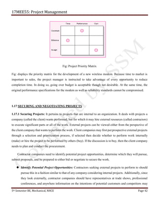 17MEE55: Project Management
5th Semester BE, Mechanical, NHCE Page 42
Fig: Project Priority Matrix
Fig: displays the priority matrix for the development of a new wireless modem. Because time to market is
important to sales, the project manager is instructed to take advantage of every opportunity to reduce
completion time. In doing so, going over budget is acceptable though not desirable. At the same time, the
original performance specifications for the modem as well as reliability standards cannot be compromised.
1.17 SECURING AND NEGOTIATING PROJECTS
1.17.1 Securing Projects: It pertains to projects that are internal to an organization. It deals with projects a
company (called the client) wants performed, but for which it may hire external resources (called contractors)
to execute significant parts or all of the work. External projects can be viewed either from the perspective of
the client company that wants to perform the work. Client companies may first put prospective external projects
through a selection and prioritization process, if selected then decide whether to perform work internally
(make) or hire the project to be performed by others (buy). If the discussion is to buy, then the client company
needs to plan and conduct the procurement.
Contractor companies need to identify potential project opportunities, determine which they will pursue,
submit proposals, and be prepared to either bid or negotiate to secure the work.
 Identify Potential Project Opportunities: Contractors seeking external projects to perform to should
pursue this in a fashion similar to that of any company considering internal projects. Additionally, since
they look externally, contractor companies should have representatives at trade shows, professional
conferences, and anywhere information on the intentions of potential customers and competitors may
 