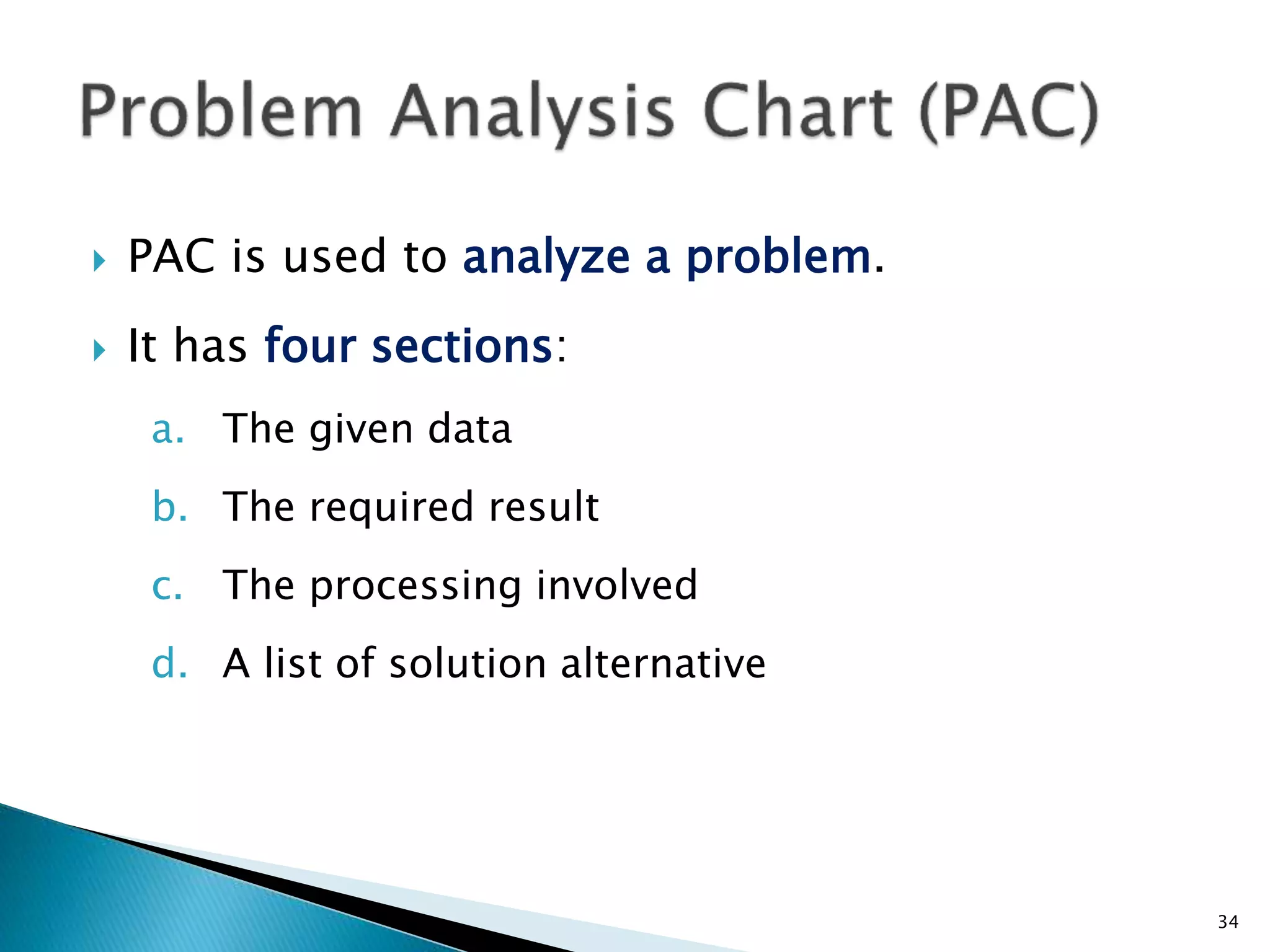  PAC is used to analyze a problem.
 It has four sections:
a. The given data
b. The required result
c. The processing involved
d. A list of solution alternative
34
 