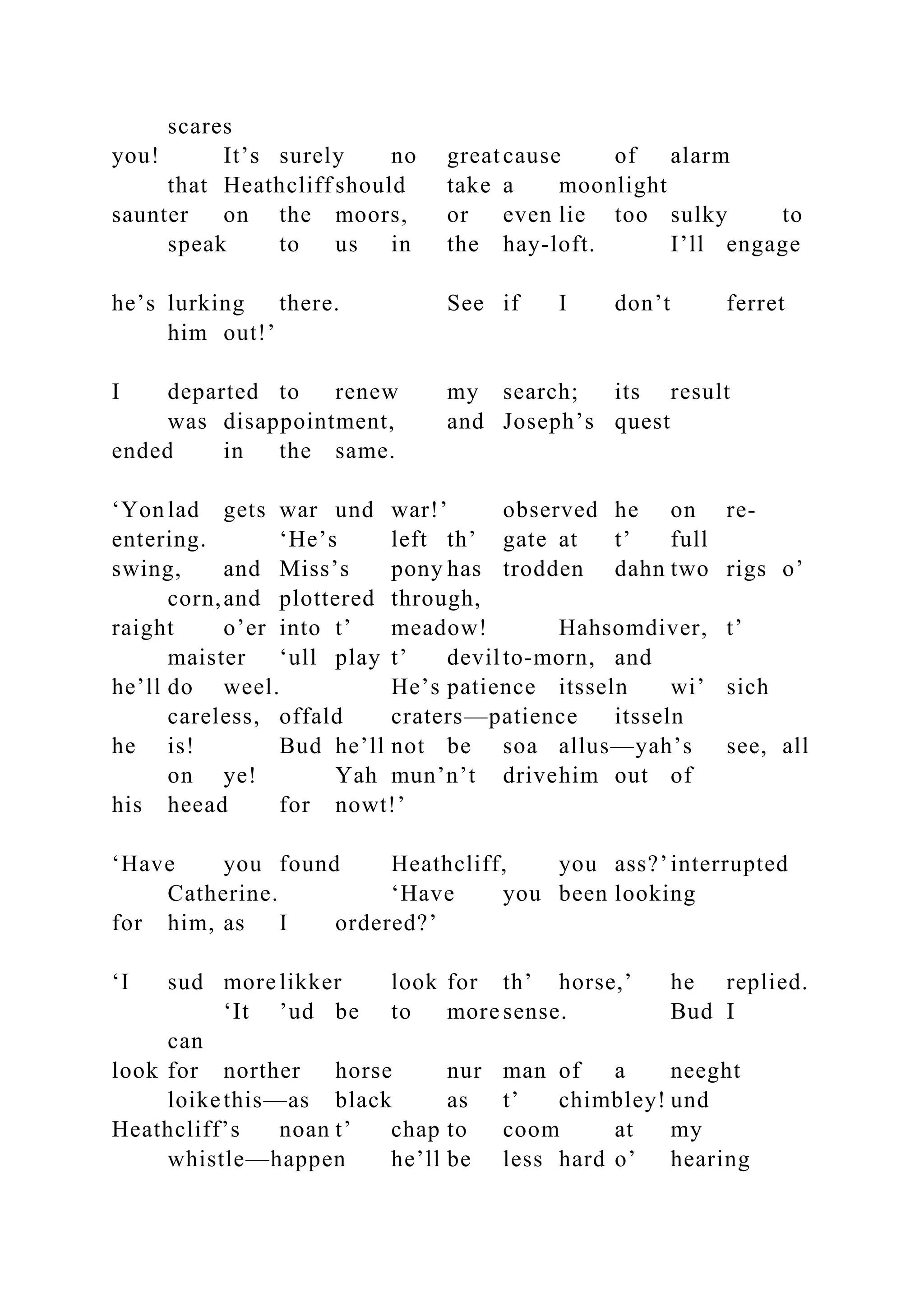 scares
you! It’s surely no greatcause of alarm
that Heathcliff should take a moonlight
saunter on the moors, or even lie too sulky to
speak to us in the hay-loft. I’ll engage
he’s lurking there. See if I don’t ferret
him out!’
I departed to renew my search; its result
was disappointment, and Joseph’s quest
ended in the same.
‘Yon lad gets war und war!’ observed he on re-
entering. ‘He’s left th’ gate at t’ full
swing, and Miss’s pony has trodden dahn two rigs o’
corn,and plottered through,
raight o’er into t’ meadow! Hahsomdiver, t’
maister ‘ull play t’ devilto-morn, and
he’ll do weel. He’s patience itsseln wi’ sich
careless, offald craters—patience itsseln
he is! Bud he’ll not be soa allus—yah’s see, all
on ye! Yah mun’n’t drivehim out of
his heead for nowt!’
‘Have you found Heathcliff, you ass?’interrupted
Catherine. ‘Have you been looking
for him, as I ordered?’
‘I sud more likker look for th’ horse,’ he replied.
‘It ’ud be to more sense. Bud I
can
look for norther horse nur man of a neeght
loikethis—as black as t’ chimbley! und
Heathcliff’s noan t’ chap to coom at my
whistle—happen he’ll be less hard o’ hearing
 