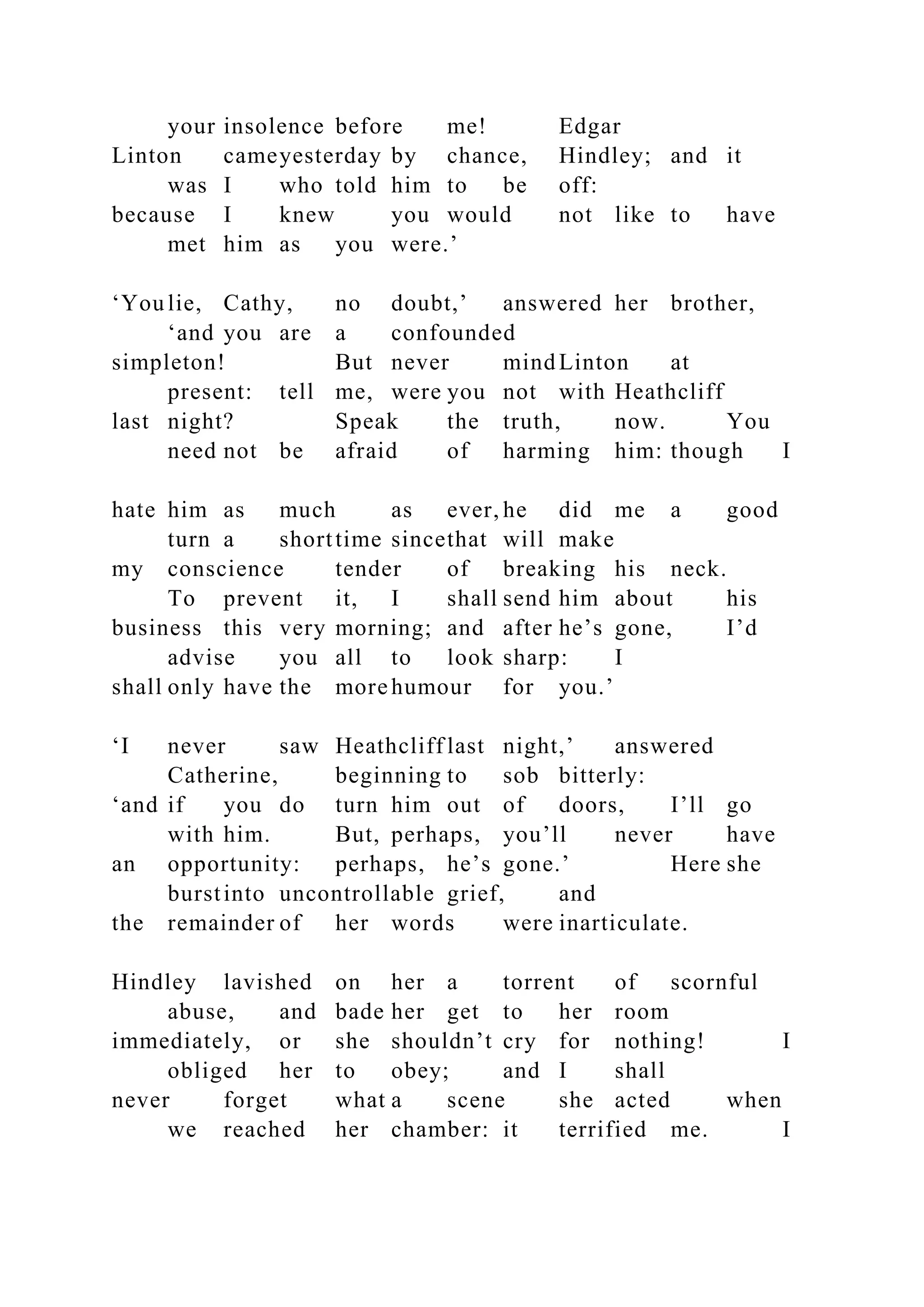 your insolence before me! Edgar
Linton cameyesterday by chance, Hindley; and it
was I who told him to be off:
because I knew you would not like to have
met him as you were.’
‘You lie, Cathy, no doubt,’ answered her brother,
‘and you are a confounded
simpleton! But never mind Linton at
present: tell me, were you not with Heathcliff
last night? Speak the truth, now. You
need not be afraid of harming him: though I
hate him as much as ever, he did me a good
turn a shorttime sincethat will make
my conscience tender of breaking his neck.
To prevent it, I shall send him about his
business this very morning; and after he’s gone, I’d
advise you all to look sharp: I
shall only have the more humour for you.’
‘I never saw Heathcliff last night,’ answered
Catherine, beginning to sob bitterly:
‘and if you do turn him out of doors, I’ll go
with him. But, perhaps, you’ll never have
an opportunity: perhaps, he’s gone.’ Here she
burstinto uncontrollable grief, and
the remainder of her words were inarticulate.
Hindley lavished on her a torrent of scornful
abuse, and bade her get to her room
immediately, or she shouldn’t cry for nothing! I
obliged her to obey; and I shall
never forget what a scene she acted when
we reached her chamber: it terrified me. I
 