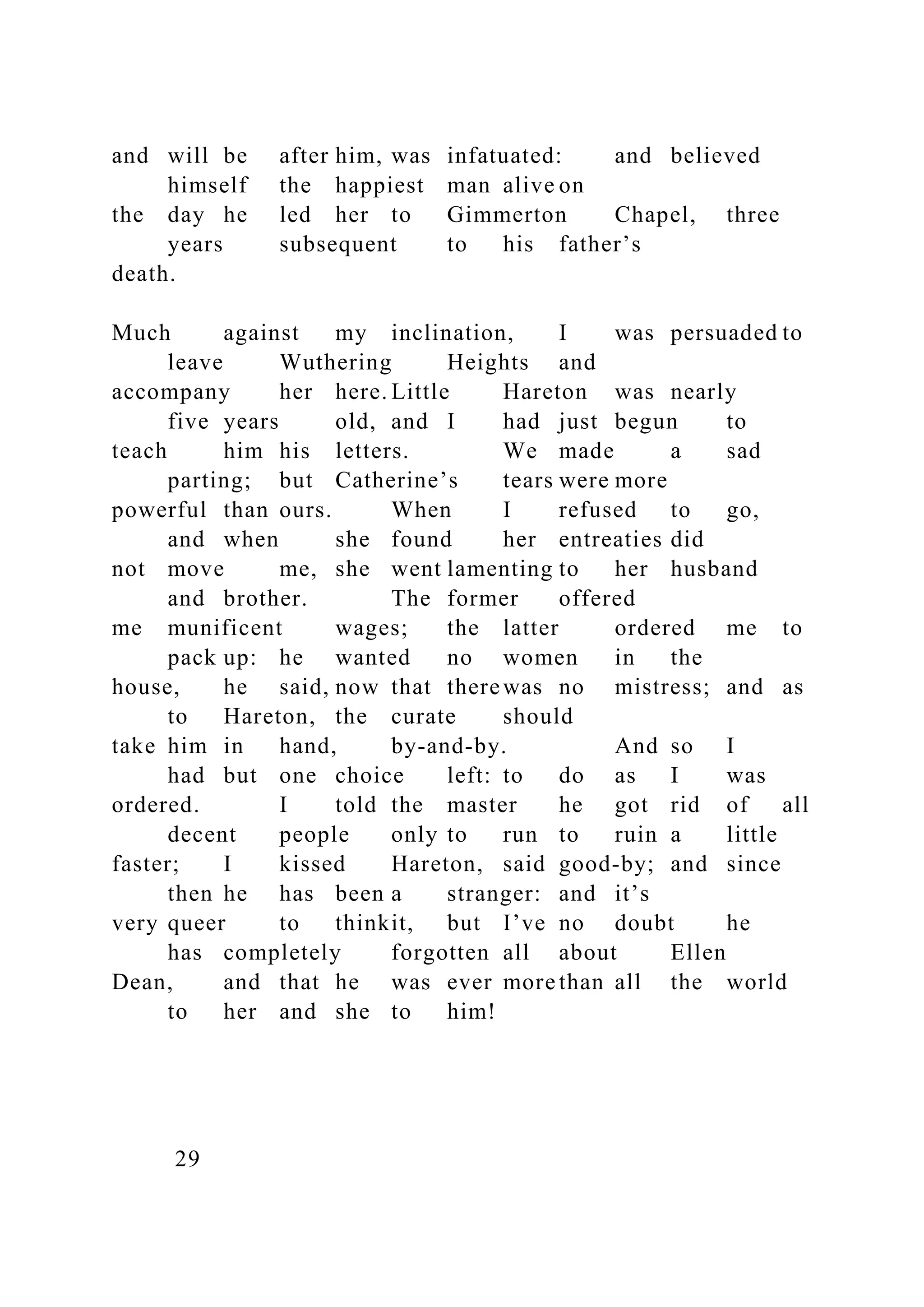 and will be after him, was infatuated: and believed
himself the happiest man alive on
the day he led her to Gimmerton Chapel, three
years subsequent to his father’s
death.
Much against my inclination, I was persuaded to
leave Wuthering Heights and
accompany her here. Little Hareton was nearly
five years old, and I had just begun to
teach him his letters. We made a sad
parting; but Catherine’s tears were more
powerful than ours. When I refused to go,
and when she found her entreaties did
not move me, she went lamenting to her husband
and brother. The former offered
me munificent wages; the latter ordered me to
pack up: he wanted no women in the
house, he said, now that therewas no mistress; and as
to Hareton, the curate should
take him in hand, by-and-by. And so I
had but one choice left: to do as I was
ordered. I told the master he got rid of all
decent people only to run to ruin a little
faster; I kissed Hareton, said good-by; and since
then he has been a stranger: and it’s
very queer to thinkit, but I’ve no doubt he
has completely forgotten all about Ellen
Dean, and that he was ever more than all the world
to her and she to him!
29
 