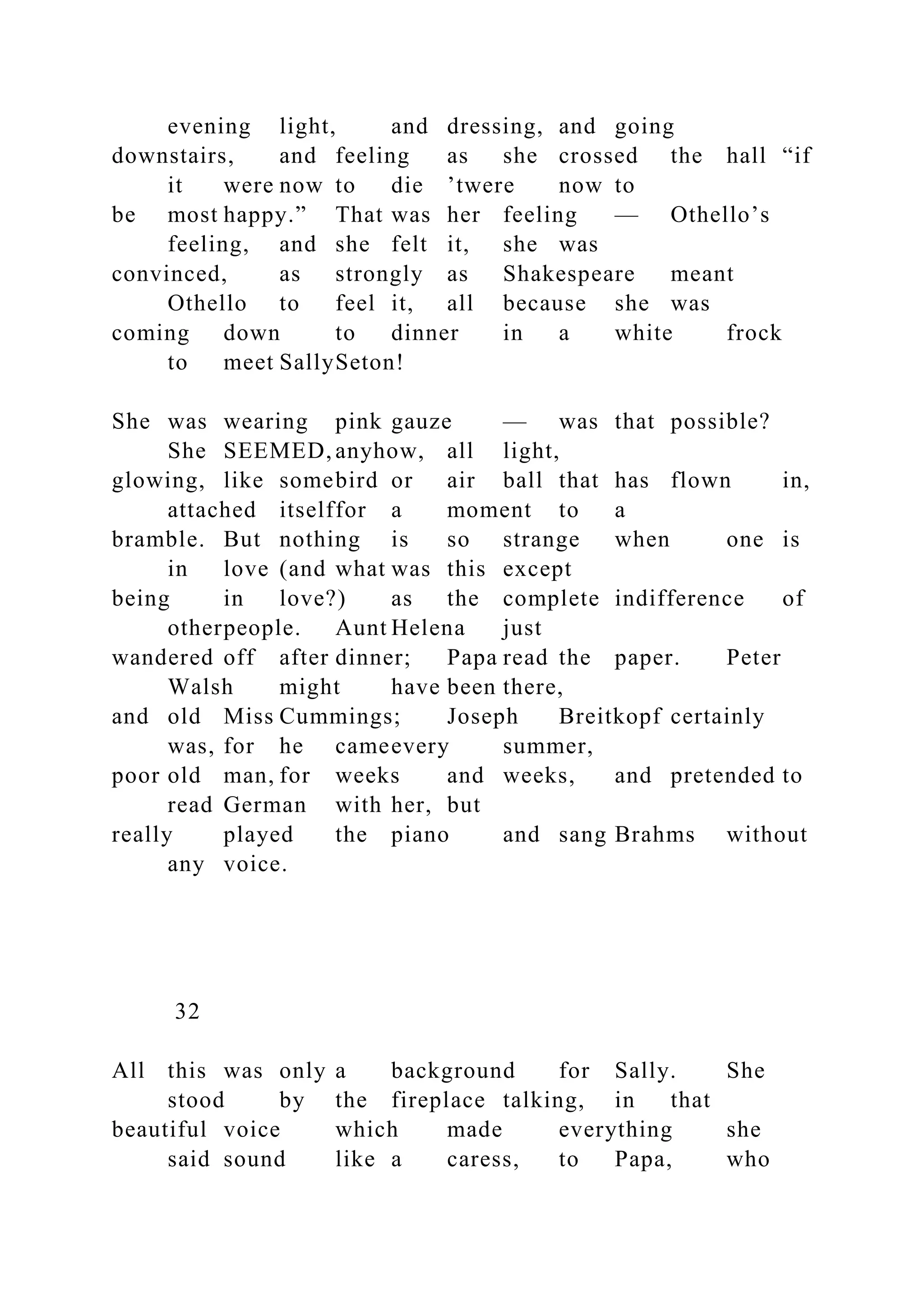 evening light, and dressing, and going
downstairs, and feeling as she crossed the hall “if
it were now to die ’twere now to
be most happy.” That was her feeling — Othello’s
feeling, and she felt it, she was
convinced, as strongly as Shakespeare meant
Othello to feel it, all because she was
coming down to dinner in a white frock
to meet SallySeton!
She was wearing pink gauze — was that possible?
She SEEMED, anyhow, all light,
glowing, like somebird or air ball that has flown in,
attached itselffor a moment to a
bramble. But nothing is so strange when one is
in love (and what was this except
being in love?) as the complete indifference of
otherpeople. Aunt Helena just
wandered off after dinner; Papa read the paper. Peter
Walsh might have been there,
and old Miss Cummings; Joseph Breitkopf certainly
was, for he cameevery summer,
poor old man, for weeks and weeks, and pretended to
read German with her, but
really played the piano and sang Brahms without
any voice.
32
All this was only a background for Sally. She
stood by the fireplace talking, in that
beautiful voice which made everything she
said sound like a caress, to Papa, who
 