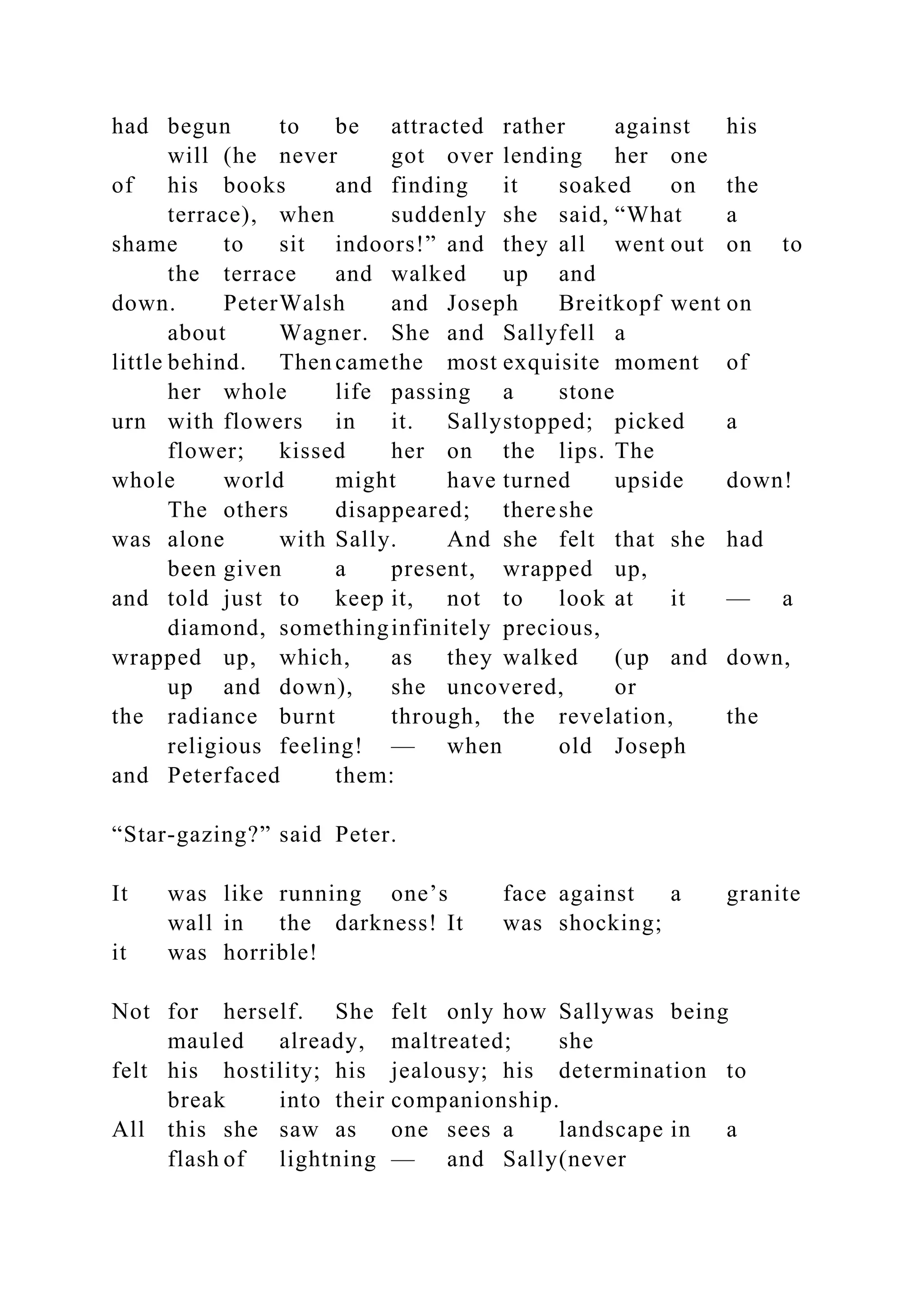 had begun to be attracted rather against his
will (he never got over lending her one
of his books and finding it soaked on the
terrace), when suddenly she said, “What a
shame to sit indoors!” and they all went out on to
the terrace and walked up and
down. PeterWalsh and Joseph Breitkopf went on
about Wagner. She and Sallyfell a
little behind. Then camethe most exquisite moment of
her whole life passing a stone
urn with flowers in it. Sallystopped; picked a
flower; kissed her on the lips. The
whole world might have turned upside down!
The others disappeared; thereshe
was alone with Sally. And she felt that she had
been given a present, wrapped up,
and told just to keep it, not to look at it — a
diamond, somethinginfinitely precious,
wrapped up, which, as they walked (up and down,
up and down), she uncovered, or
the radiance burnt through, the revelation, the
religious feeling! — when old Joseph
and Peterfaced them:
“Star-gazing?” said Peter.
It was like running one’s face against a granite
wall in the darkness! It was shocking;
it was horrible!
Not for herself. She felt only how Sallywas being
mauled already, maltreated; she
felt his hostility; his jealousy; his determination to
break into their companionship.
All this she saw as one sees a landscape in a
flash of lightning — and Sally(never
 