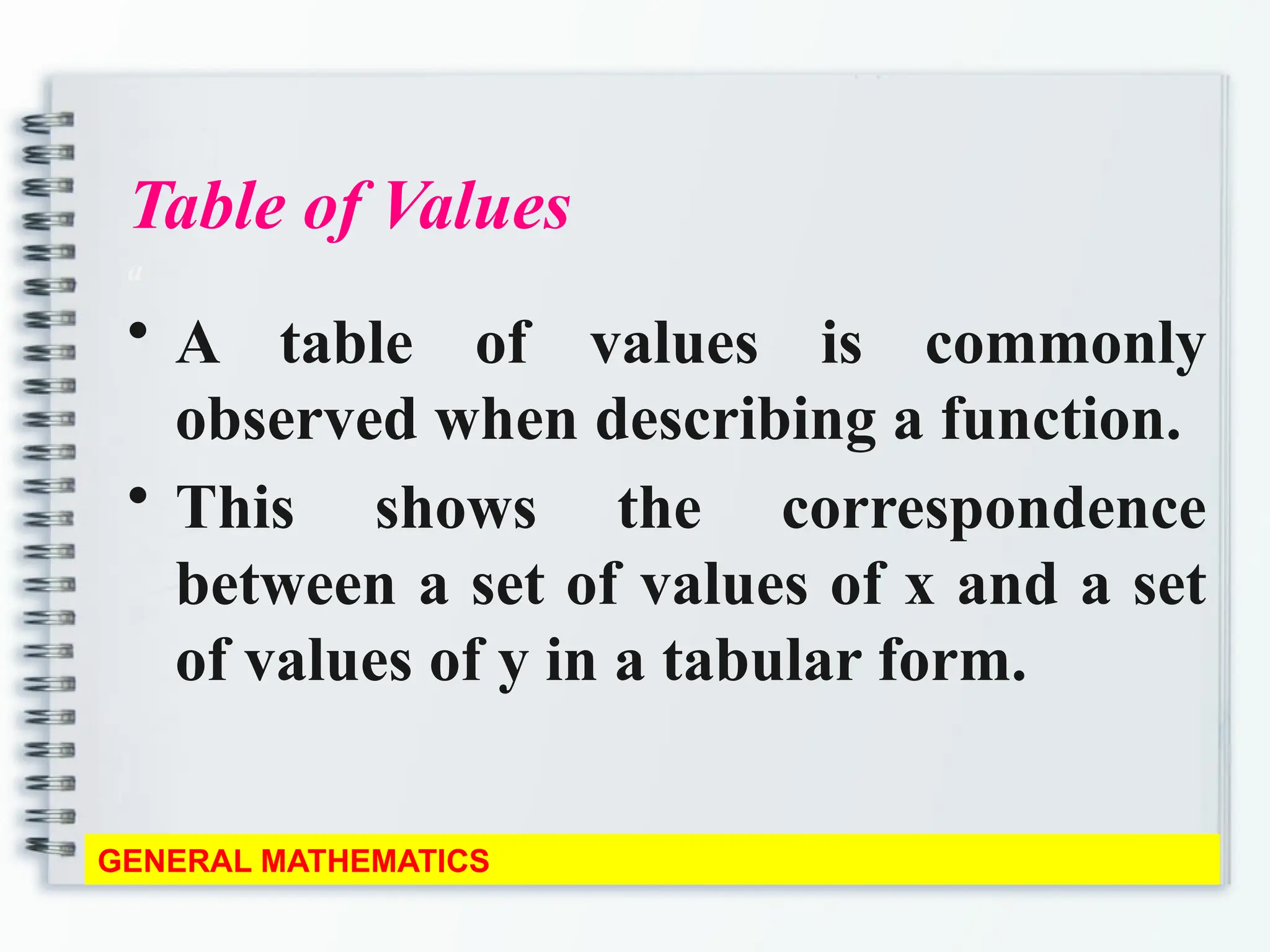 Table of Values
a
• A table of values is commonly
observed when describing a function.
• This shows the correspondence
between a set of values of x and a set
of values of y in a tabular form.
GENERAL MATHEMATICS
 