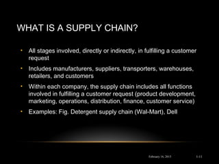 WHAT IS A SUPPLY CHAIN?
• All stages involved, directly or indirectly, in fulfilling a customer
request
• Includes manufacturers, suppliers, transporters, warehouses,
retailers, and customers
• Within each company, the supply chain includes all functions
involved in fulfilling a customer request (product development,
marketing, operations, distribution, finance, customer service)
• Examples: Fig. Detergent supply chain (Wal-Mart), Dell
February 16, 2015 1-11
 