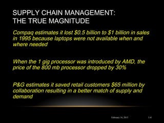 SUPPLY CHAIN MANAGEMENT:
THE TRUE MAGNITUDE
Compaq estimates it lost $0.5 billion to $1 billion in sales
in 1995 because laptops were not available when and
where needed
When the 1 gig processor was introduced by AMD, the
price of the 800 mb processor dropped by 30%
P&G estimates it saved retail customers $65 million by
collaboration resulting in a better match of supply and
demand
February 16, 2015 1-4
 