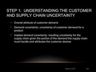 STEP 1: UNDERSTANDING THE CUSTOMER
AND SUPPLY CHAIN UNCERTAINTY
• Overall attribute of customer demand
• Demand uncertainty: uncertainty of customer demand for a
product
• Implied demand uncertainty: resulting uncertainty for the
supply chain given the portion of the demand the supply chain
must handle and attributes the customer desires
February 16, 2015 1-46
 