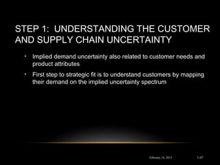 STEP 1: UNDERSTANDING THE CUSTOMER
AND SUPPLY CHAIN UNCERTAINTY
• Implied demand uncertainty also related to customer needs and
product attributes
• First step to strategic fit is to understand customers by mapping
their demand on the implied uncertainty spectrum
February 16, 2015 1-47
 