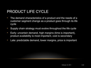 PRODUCT LIFE CYCLE
• The demand characteristics of a product and the needs of a
customer segment change as a product goes through its life
cycle
• Supply chain strategy must evolve throughout the life cycle
• Early: uncertain demand, high margins (time is important),
product availability is most important, cost is secondary
• Late: predictable demand, lower margins, price is important
February 16, 2015 1-62
 