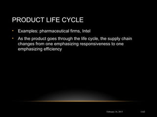PRODUCT LIFE CYCLE
• Examples: pharmaceutical firms, Intel
• As the product goes through the life cycle, the supply chain
changes from one emphasizing responsiveness to one
emphasizing efficiency
February 16, 2015 1-63
 