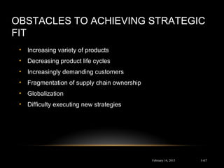 OBSTACLES TO ACHIEVING STRATEGIC
FIT
• Increasing variety of products
• Decreasing product life cycles
• Increasingly demanding customers
• Fragmentation of supply chain ownership
• Globalization
• Difficulty executing new strategies
February 16, 2015 1-67
 