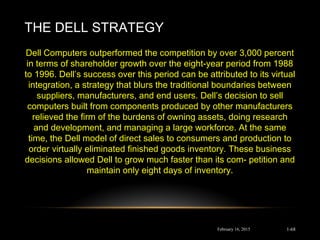 THE DELL STRATEGY
February 16, 2015
Dell Computers outperformed the competition by over 3,000 percent
in terms of shareholder growth over the eight-year period from 1988
to 1996. Dell’s success over this period can be attributed to its virtual
integration, a strategy that blurs the traditional boundaries between
suppliers, manufacturers, and end users. Dell’s decision to sell
computers built from components produced by other manufacturers
relieved the ﬁrm of the burdens of owning assets, doing research
and development, and managing a large workforce. At the same
time, the Dell model of direct sales to consumers and production to
order virtually eliminated ﬁnished goods inventory. These business
decisions allowed Dell to grow much faster than its com- petition and
maintain only eight days of inventory.
1-68
 