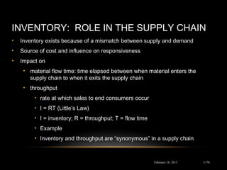 INVENTORY: ROLE IN THE SUPPLY CHAIN
• Inventory exists because of a mismatch between supply and demand
• Source of cost and influence on responsiveness
• Impact on
• material flow time: time elapsed between when material enters the
supply chain to when it exits the supply chain
• throughput
• rate at which sales to end consumers occur
• I = RT (Little’s Law)
• I = inventory; R = throughput; T = flow time
• Example
• Inventory and throughput are “synonymous” in a supply chain
February 16, 2015 1-74
 