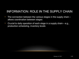 INFORMATION: ROLE IN THE SUPPLY CHAIN
• The connection between the various stages in the supply chain –
allows coordination between stages
• Crucial to daily operation of each stage in a supply chain – e.g.,
production scheduling, inventory levels
February 16, 2015 1-82
 