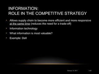 INFORMATION:
ROLE IN THE COMPETITIVE STRATEGY
• Allows supply chain to become more efficient and more responsive
at the same time (reduces the need for a trade-off)
• Information technology
• What information is most valuable?
• Example: Dell
February 16, 2015 1-83
 