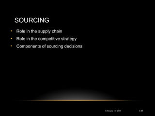 SOURCING
• Role in the supply chain
• Role in the competitive strategy
• Components of sourcing decisions
February 16, 2015 1-85
 