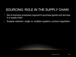 SOURCING: ROLE IN THE SUPPLY CHAIN
• Set of business processes required to purchase goods and services
in a supply chain
• Supplier selection, single vs. multiple suppliers, contract negotiation
February 16, 2015 1-86
 